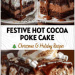 Slice of Hot Cocoa Poke Cake with marshmallow frosting and cocoa powder, a perfect Cake Mix Christmas Desserts treat.
